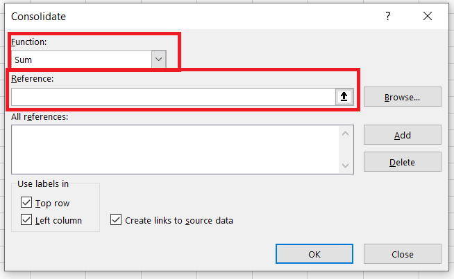 Excel Consolidate Window - Function and Reference