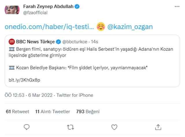 Farah Zeynep Abdullah, Bergen filmini yayınlatmayan Kozan Belediye Başkanı'na 'IQ testi' gönderdi