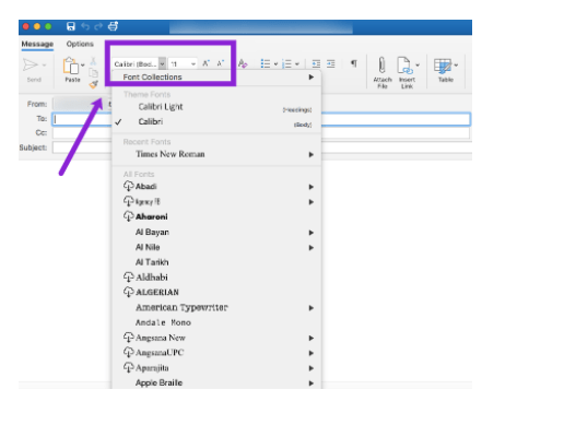 Outlook Email - Font dropdown menu