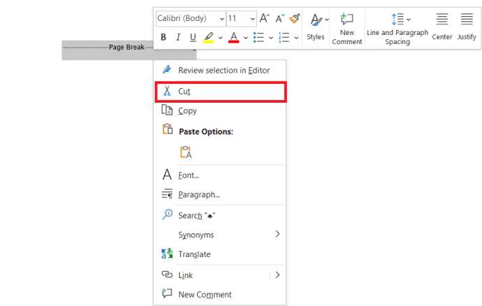 Microsoft Word Menu - Cut option