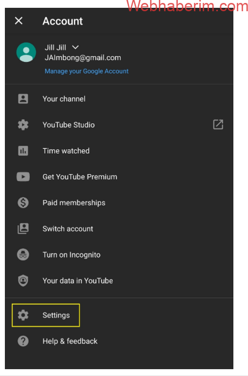 YouTube Account menu - Android
