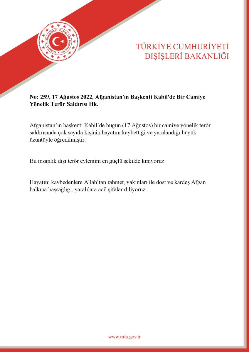 Dışişleri Bakanlığı ndan Kabil deki terör saldırısında ölenler için taziye mesajı #1
