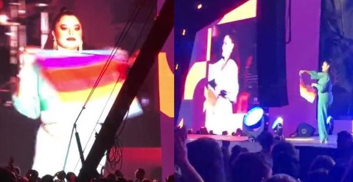 Şarkıcı Reyhan Karaca sahnede LGBT bayrağı açtı #1