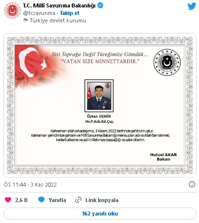 1667537119 149 MSB kahreden haberi verdi Ankarada bir askerimiz sehit oldu Son